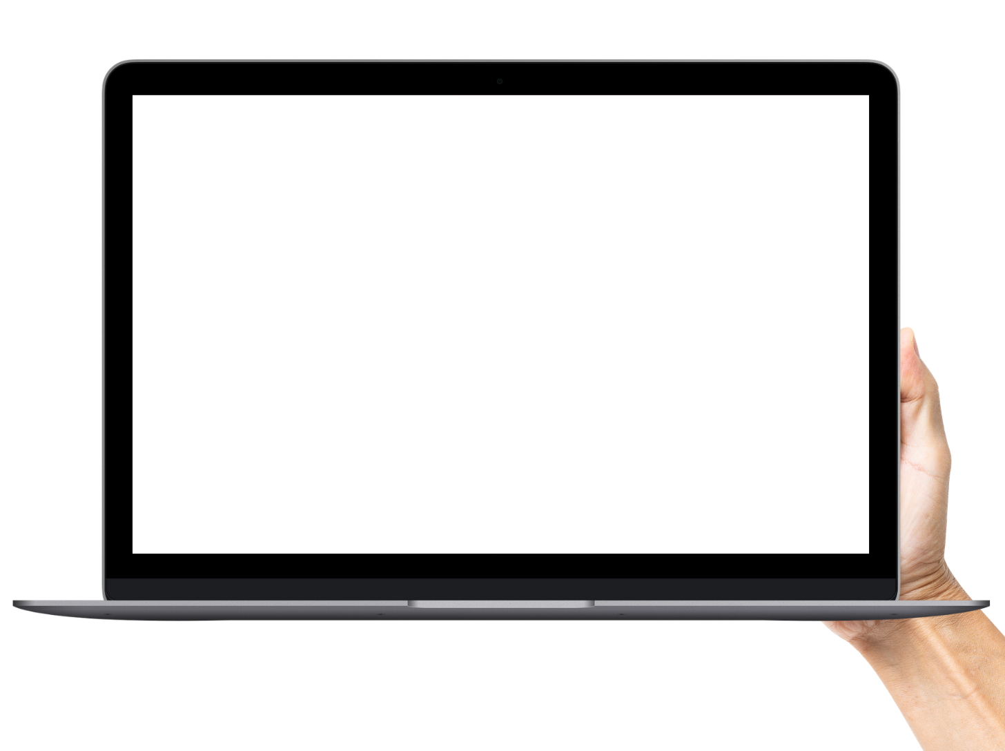 A hand holding an open laptop